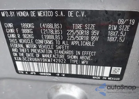 2019 Honda Hr-V Sport z USA, uszkodzony, nr VIN 3CZRU6H19KM742922
